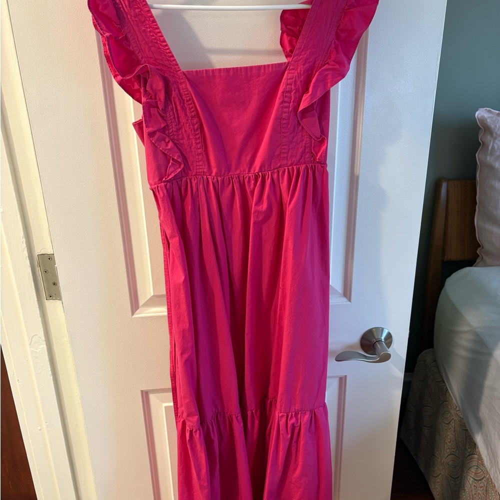 Bright Pink Ruffle Strap Midi Dress, open back